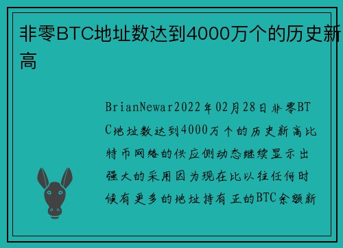 非零BTC地址数达到4000万个的历史新高 