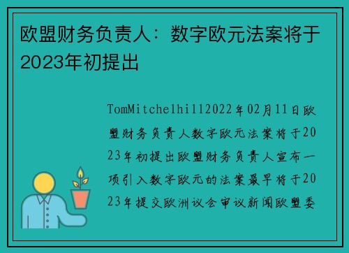 欧盟财务负责人：数字欧元法案将于2023年初提出 